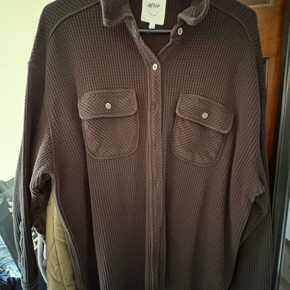 aerie light black Waffle-Knit Button-Up Jacket Runs large
